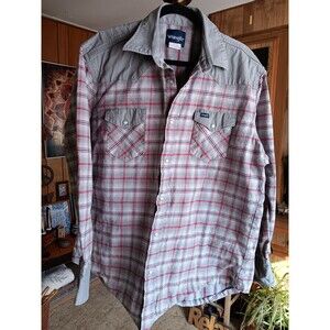 Vintage Wrangler Denim Grey Red Plaid Pearl Snap Front Over Shirt Size 2XT